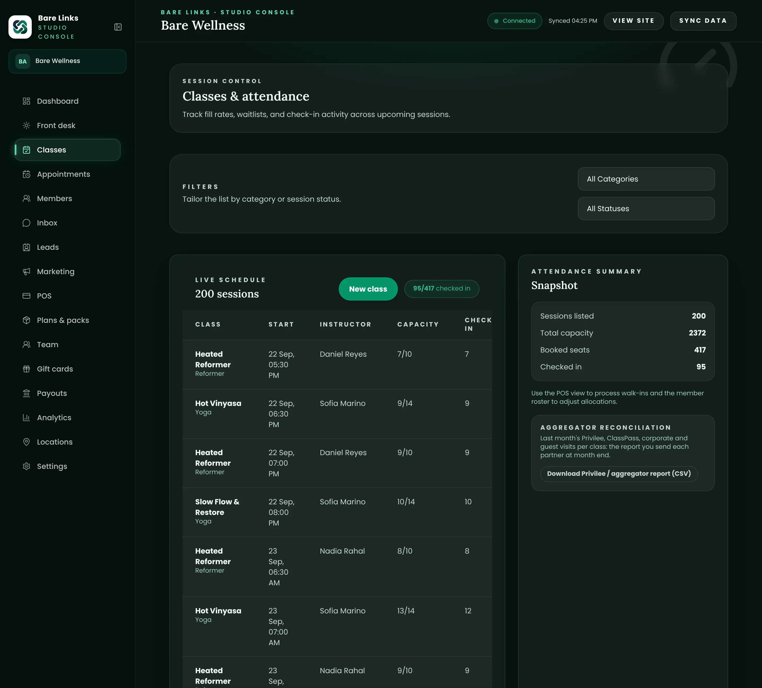 The classes and attendance screen: the live schedule with capacity and check-ins per session, an attendance summary and the Privilee and ClassPass reconciliation export.